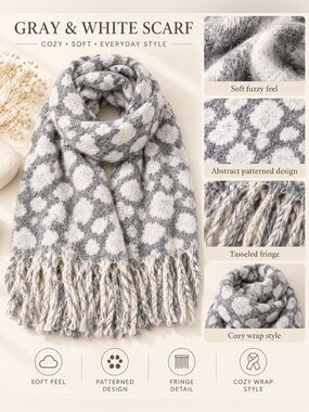 I AM ABSTRACT PRINT OVERSIZED SCARF – GRAY/WHITE (NEW WITH TAGS) A38